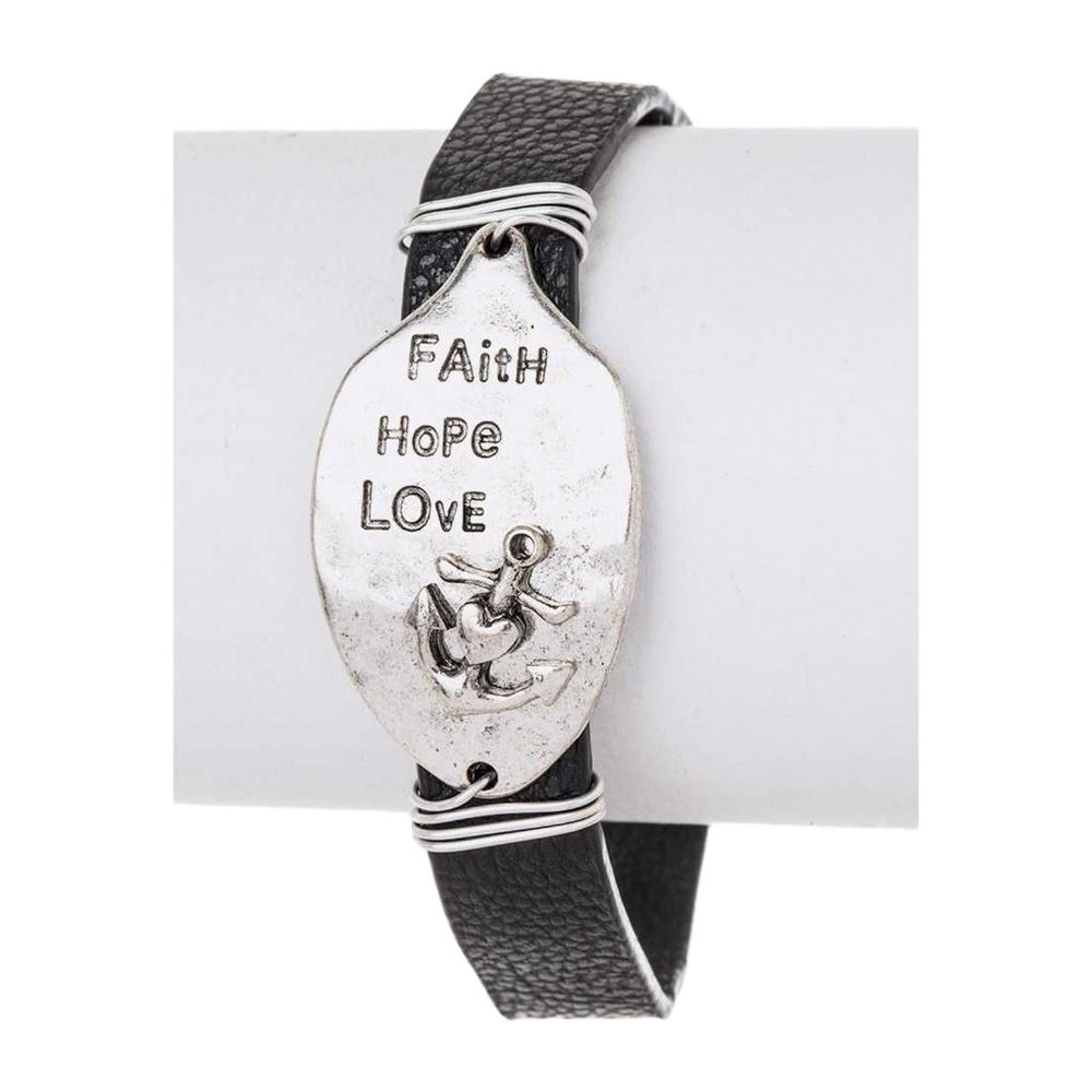 FAITH HOPE LOVE Inspirational Adjustable Silver & Black Leather Bracelet